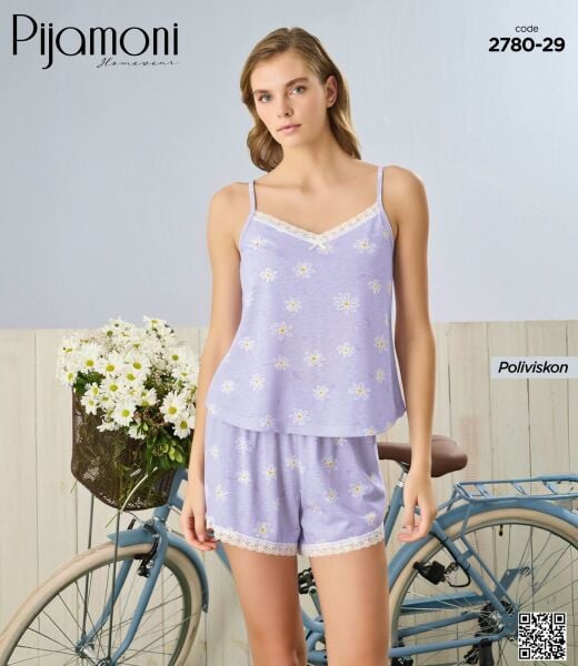 PİJAMONİ 2780-29 ESİNTİ İP ASKI ŞORTLU TAKIM