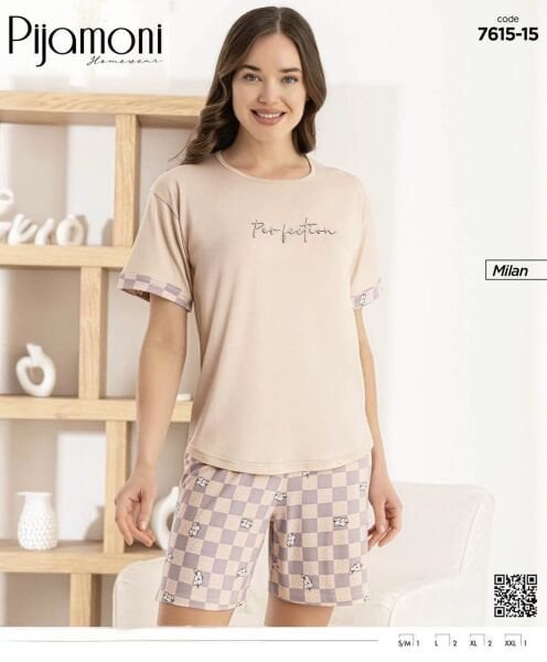 PİJAMONİ 7615-15 BAYAN MİLAN KISA KOL ŞORTLU TAKIM