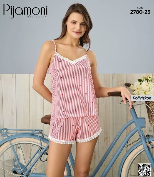PİJAMONİ 2780-23 ESİNTİ İP ASKI ŞORTLU TAKIM