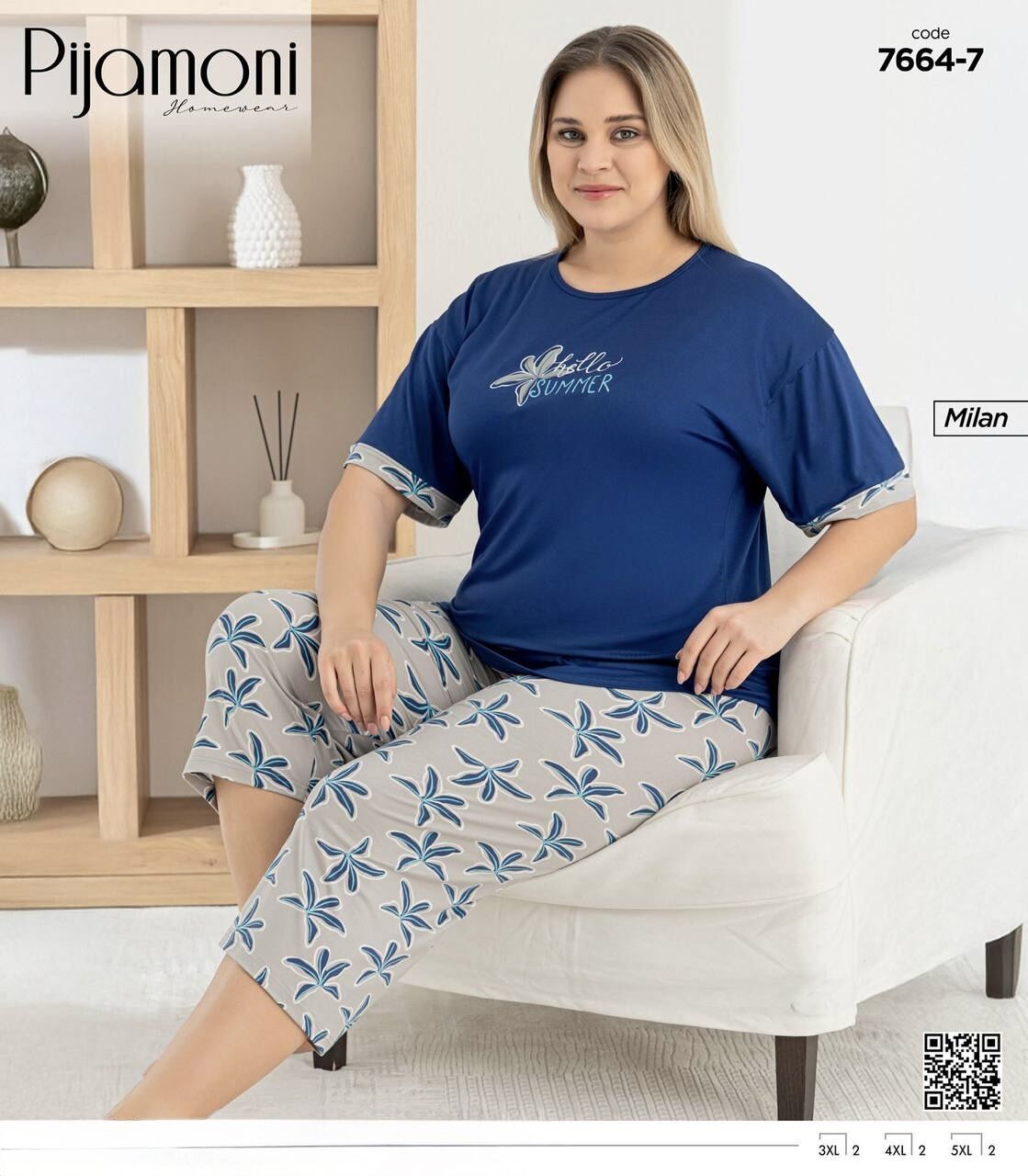 PİJAMONİ 7664-7 MİLAN BATTAL KISA KOL KAPRİ TAKIM