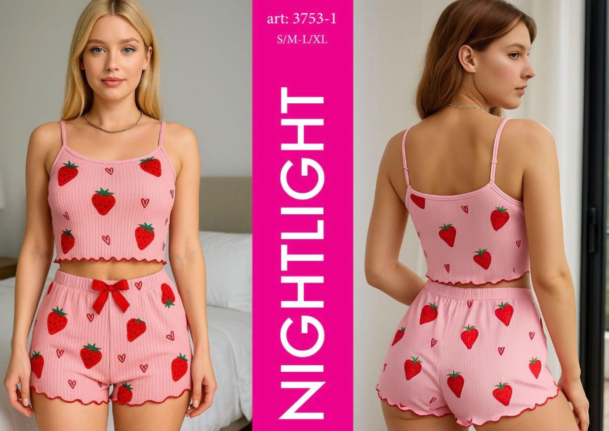 NIGHTLIGHT 3753-1 ÇİLEK DESEN ŞORTLU TAKIM PEMBE