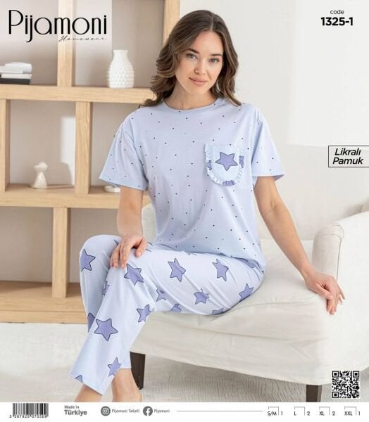 PİJAMONİ 1325-1 BAYAN PENYE KISA KOL PİJAMA TAKIM