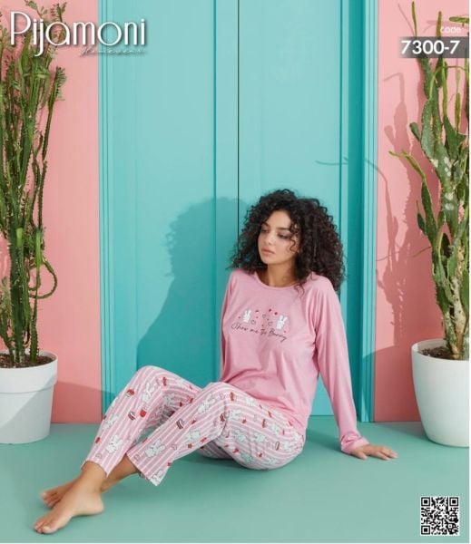 PİJAMONİ 7300-7 POLYVİSKON UZUNKOL PİJAMA TAKIM