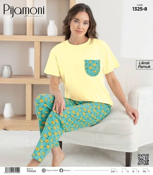 PİJAMONİ 1325-8 BAYAN PENYE KISA KOL PİJAMA TAKIM