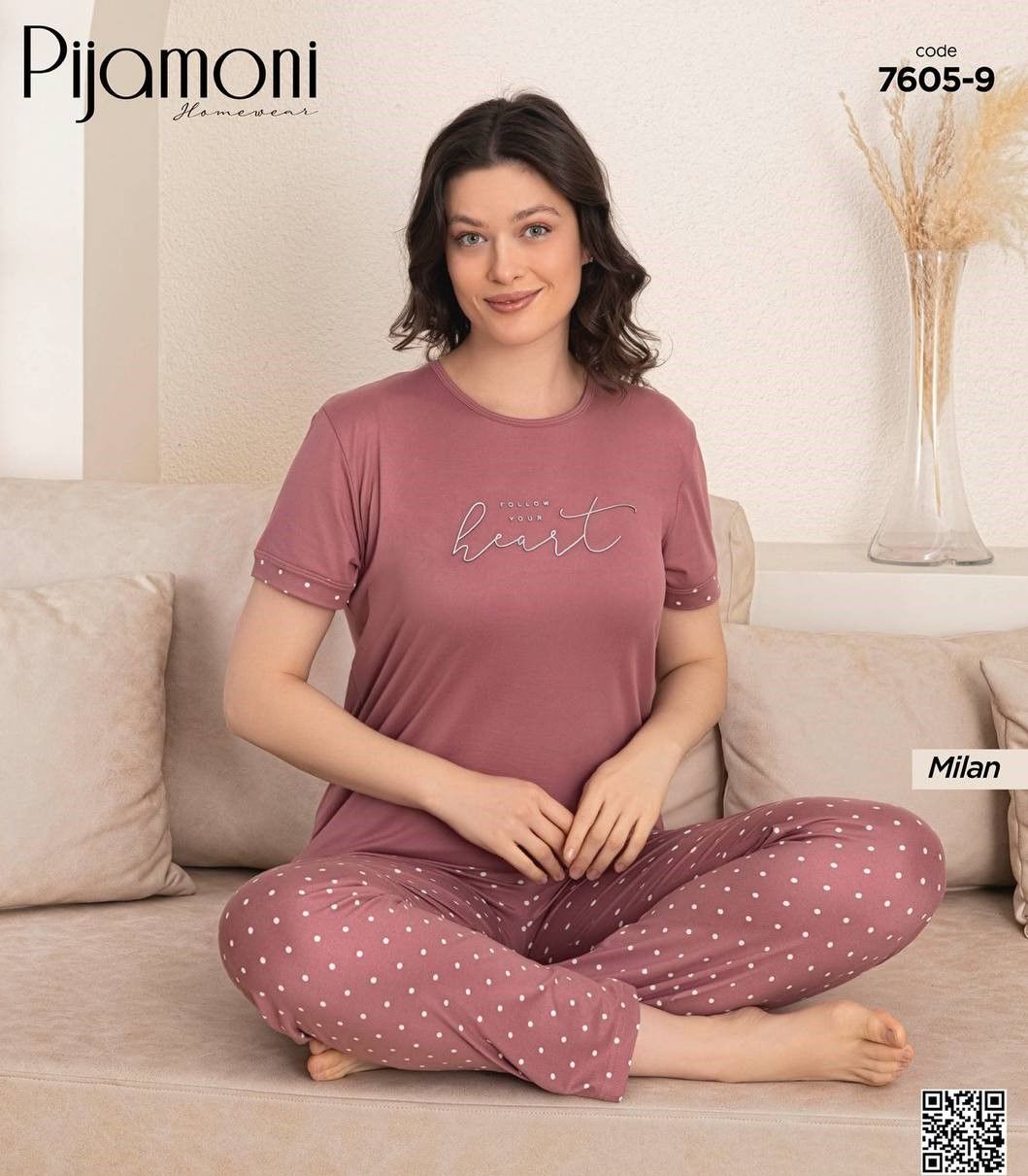 PİJAMONİ 7605-9 BAYAN KISA KOL MİLAN PİJAMA TAKIM