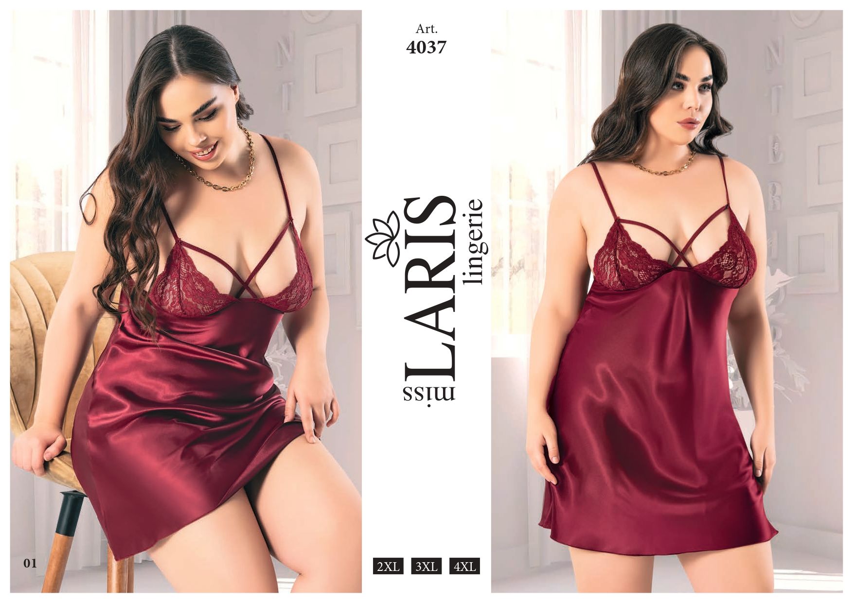 MİSS LARİS 4037 BIG SİZE SATEN KISA GECELİK BORDO