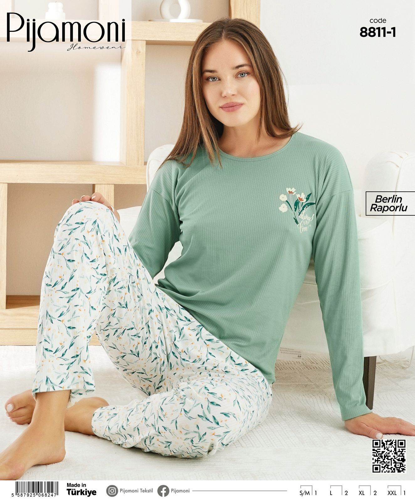 PİJAMONİ 8811-1 BAYAN BERLİN RAPORLU PİJAMA TAKIM